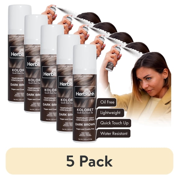 (5 pack) Herbishh Koloret Quick Root Touch Up Hair Color Spray Dark Brown (74.5g), Instant Gray & Dark Brown Root Cover Up, Temporary Hair Color Spray, Lightweight Non-Sticky Dye Mist, Travel Aerosol