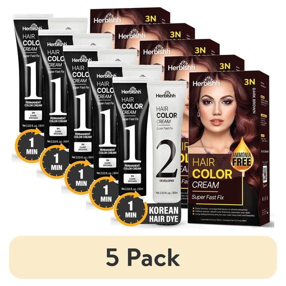 (5 pack) Herbishh Rapid Infusion Hair Color Cream – 3N Dark Brown Hair Dye Permanent One Minute with Comb Applicator, Hair Color for Gray Hair Coverage, Ammonia-Free, Patented Korean Technology, 2.03 fl. Oz