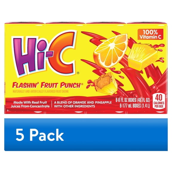 (5 pack) Hi-C Flashin' Fruit Punch Juice Drink Cartons, 6 fl oz, 8 Pack