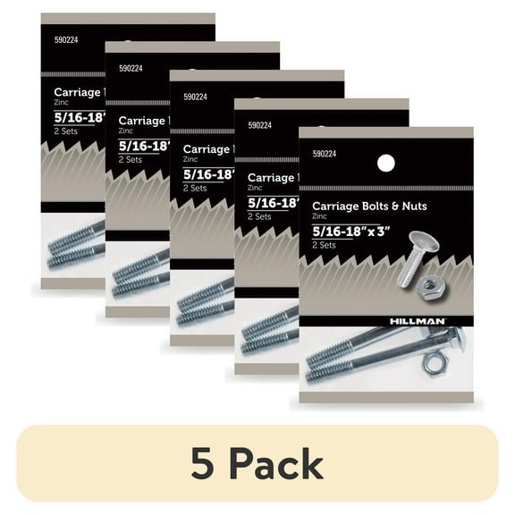 (5 pack) Hillman Carriage Bolts and Nuts, 5/16-18" x 3", Zinc Finish, Steel, 2 sets