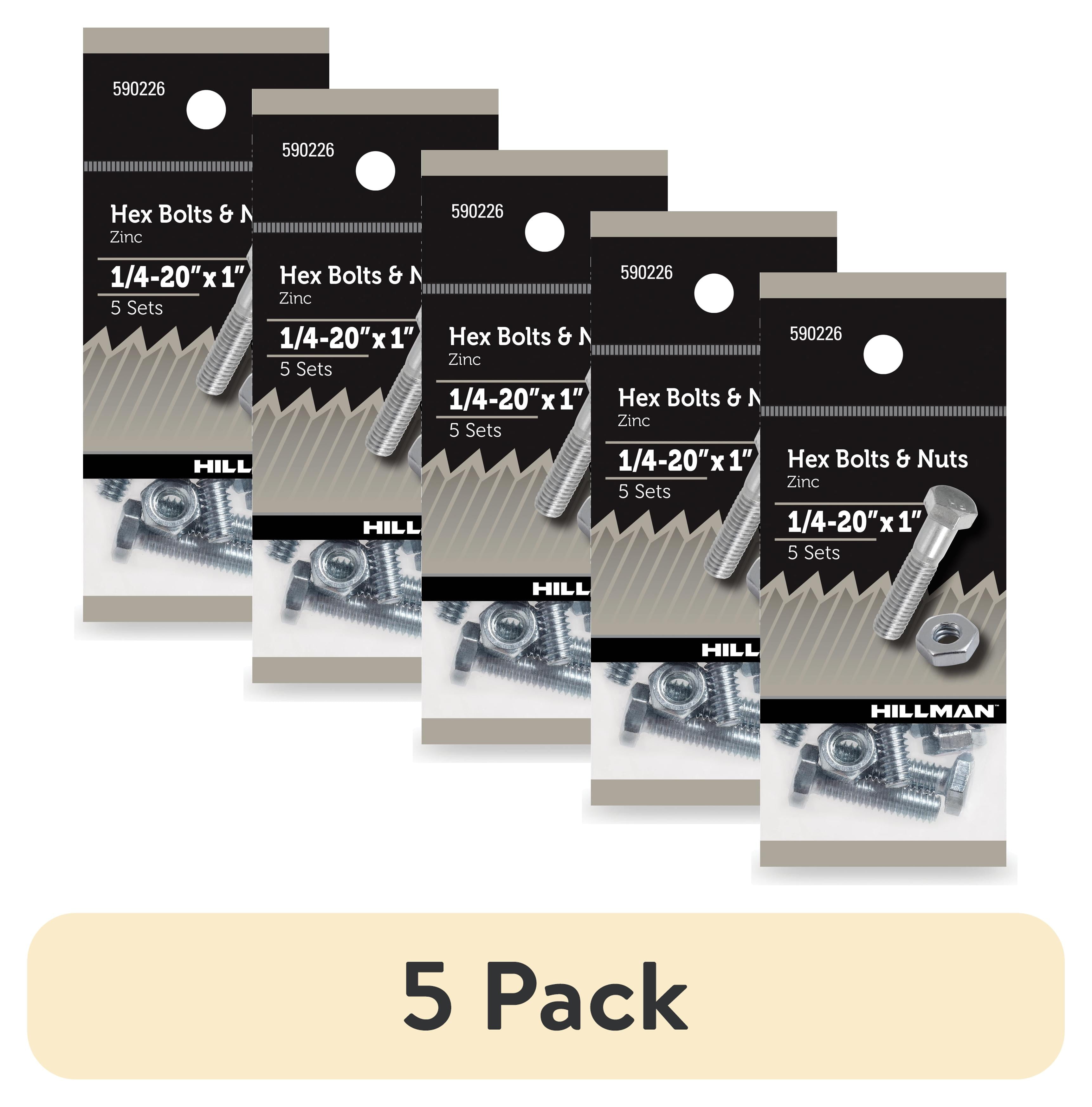 (5 pack) Hillman Hex Bolts and Nuts, 1/4-20" x 1", Steel, Zinc Finish, Silver, 5, sets