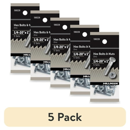 (5 pack) Hillman Hex Bolts and Nuts, 1/4-20" x 1", Steel, Zinc Finish, Silver, 5, sets