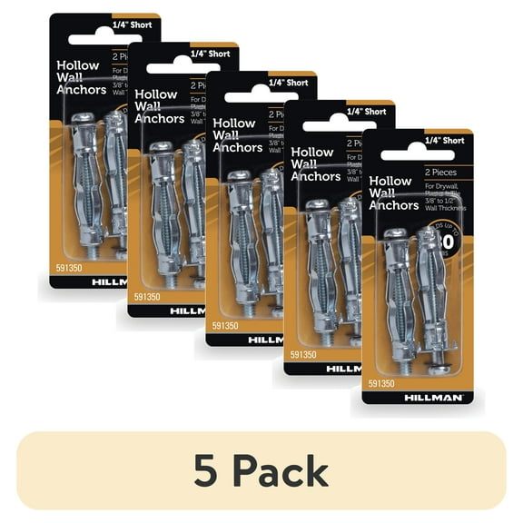 (5 pack) Hillman Hollow Wall Mult-Material Anchor Screws, 1/4" Short, Steel, Zinc, Corrosion Resistant, 80 lbs, Silver, 2 sets
