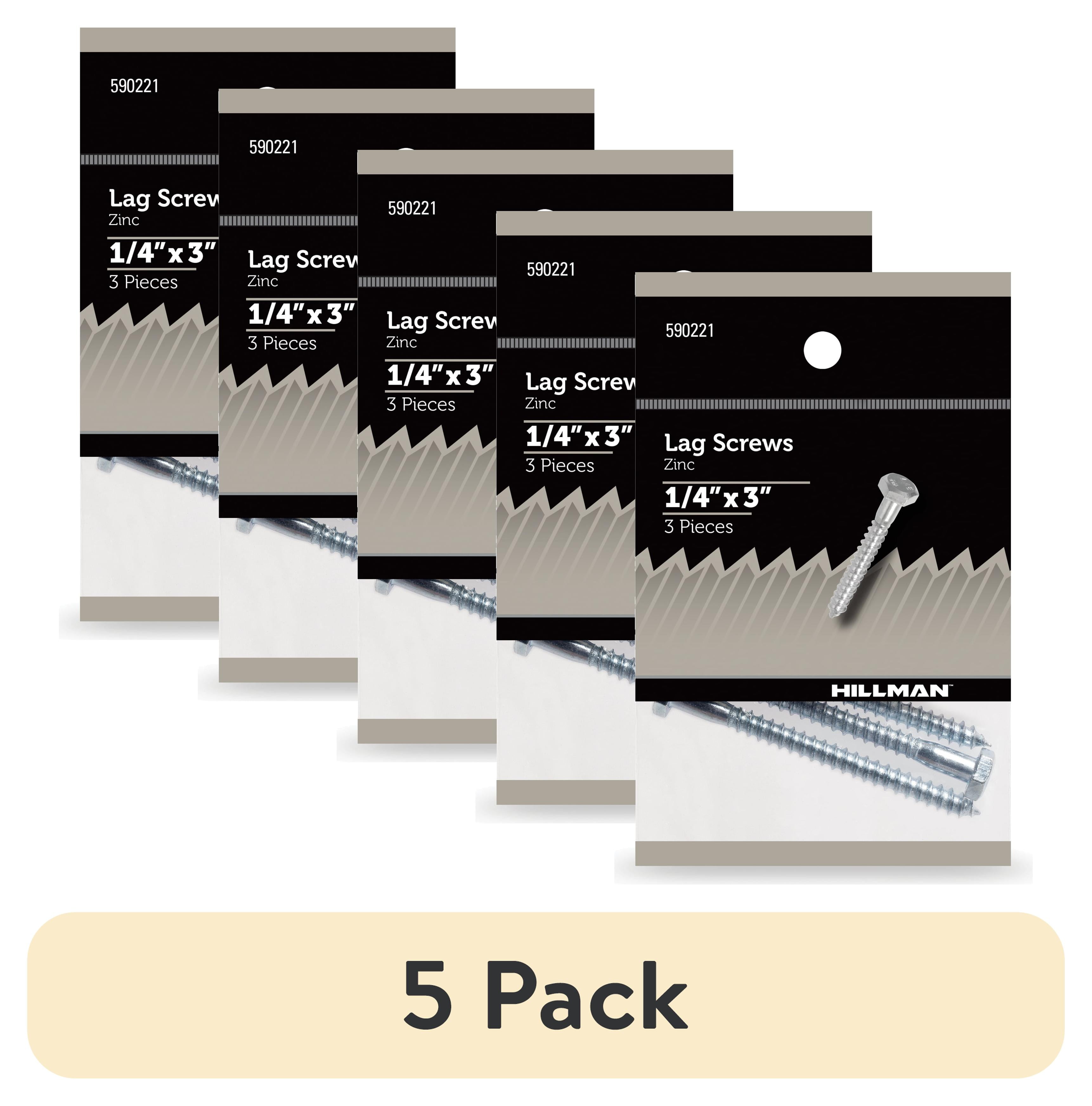 (5 pack) Hillman Lag Screws, 1/4" x 3", Steel, Zinc, Interior Screws, Hex Drive, Silver, 3 pack