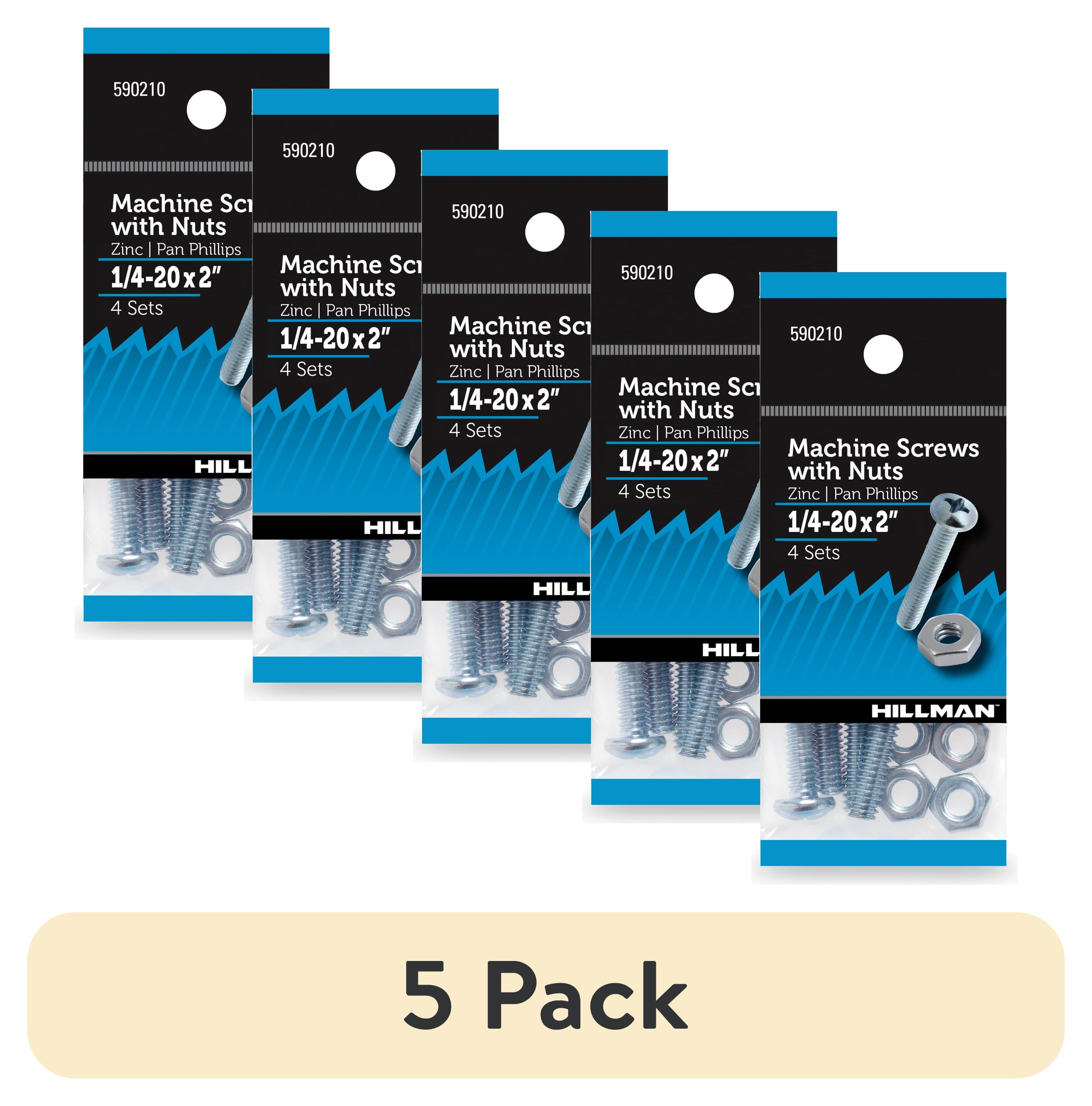 (5 pack) Hillman Machine Screws, 1/4" x 2", Steel, Zinc, Interior, Phillips, Silver, 4 sets