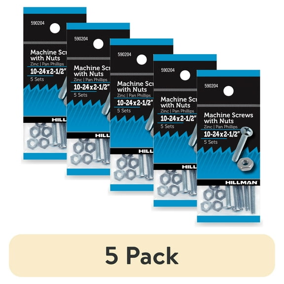 (5 pack) Hillman Machine Screws, #10 x 2-1/2", Steel, Zinc, Interior, Phillips, Silver, 5 sets