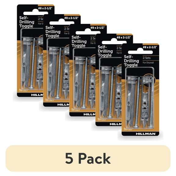 (5 pack) Hillman Self-Drilling Toggle Bolts, #8 x 2-1/2", Steel, For Drywall, 90lbs, Zinc Finish, Silver, 2 pack