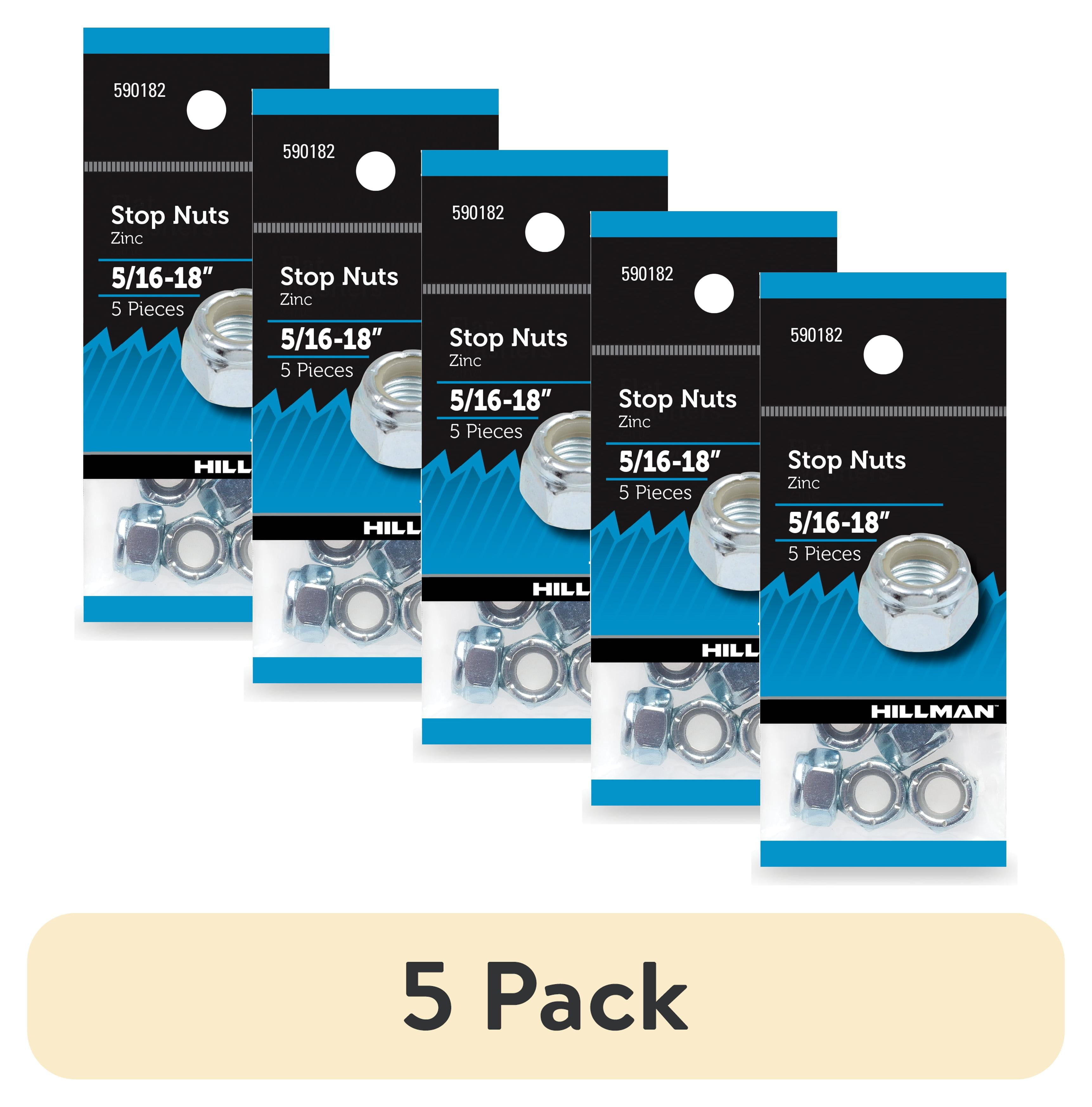 (5 pack) Hillman Stop Nuts, 5/16-18", Steel, Zinc Finish, Silver, Interior, 5 pack