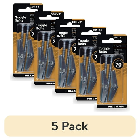 (5 pack) Hillman Toggle Bolts, 3/16" x 3", Steel, Multi-Material, 70 lbs, Zinc, Silver, 2 pack