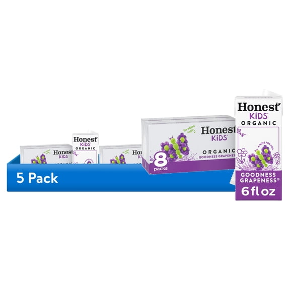 (5 pack) Honest Kids Goodness Grapeness Organic Juice Drink Cartons, 6 fl oz, 8 Pack