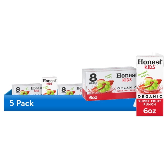 (5 pack) Honest Kids Super Fruit Punch Organic Juice Drink Cartons, 6 fl oz, 8 Pack