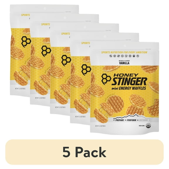 (5 pack) Honey Stinger Organic Mini Energy Waffle Snack, Vanilla, 5.3 oz Bag