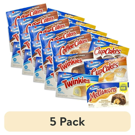 (5 pack) Hostess Snack Cake and Cupcake Variety Pack | 54 Cakes (Chocolate, Original Twinkies, Golden & Orange Cupcakes, Coffee cakes and Meltamors) | Multi-Flavor Desserts, Party Essential