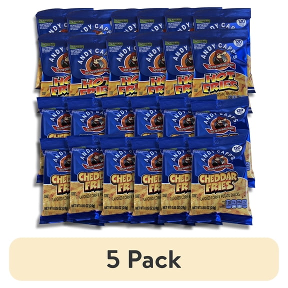 (5 pack) Andy Capp's Hot and Cheddar Fries Snacks Value Pack   120 Calorie Packs | 24 Bags