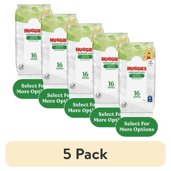(5 pack) Huggies Natural Care Sensitive, Fragrance-Free Baby Wipes, Unscented Wipes, 1 Pack, 16 Wipes