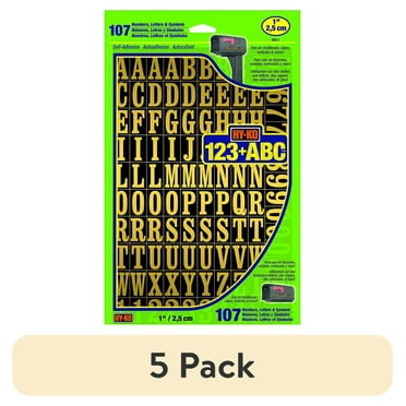 (5 pack) Hy-Ko Self-Adhesive Vinyl Numbers and Letters, 1 Inch High, Black & Gold, 107 Pieces