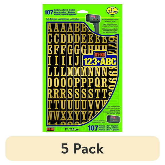 (5 pack) Hy-Ko Self-Adhesive Vinyl Numbers and Letters, 1 Inch High, Black & Gold, 107 Pieces