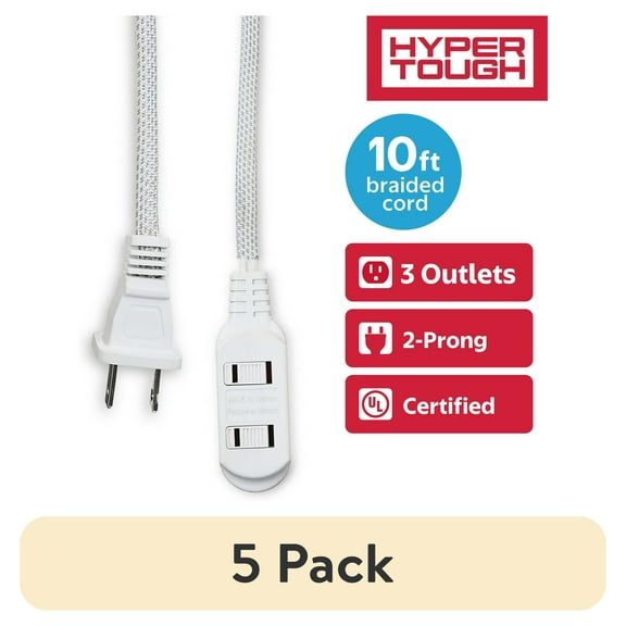 (5 pack) Hyper Tough White Extension Cord 10 feet with 3 Outlets, Braided Cord, 2 Prong, Indoor