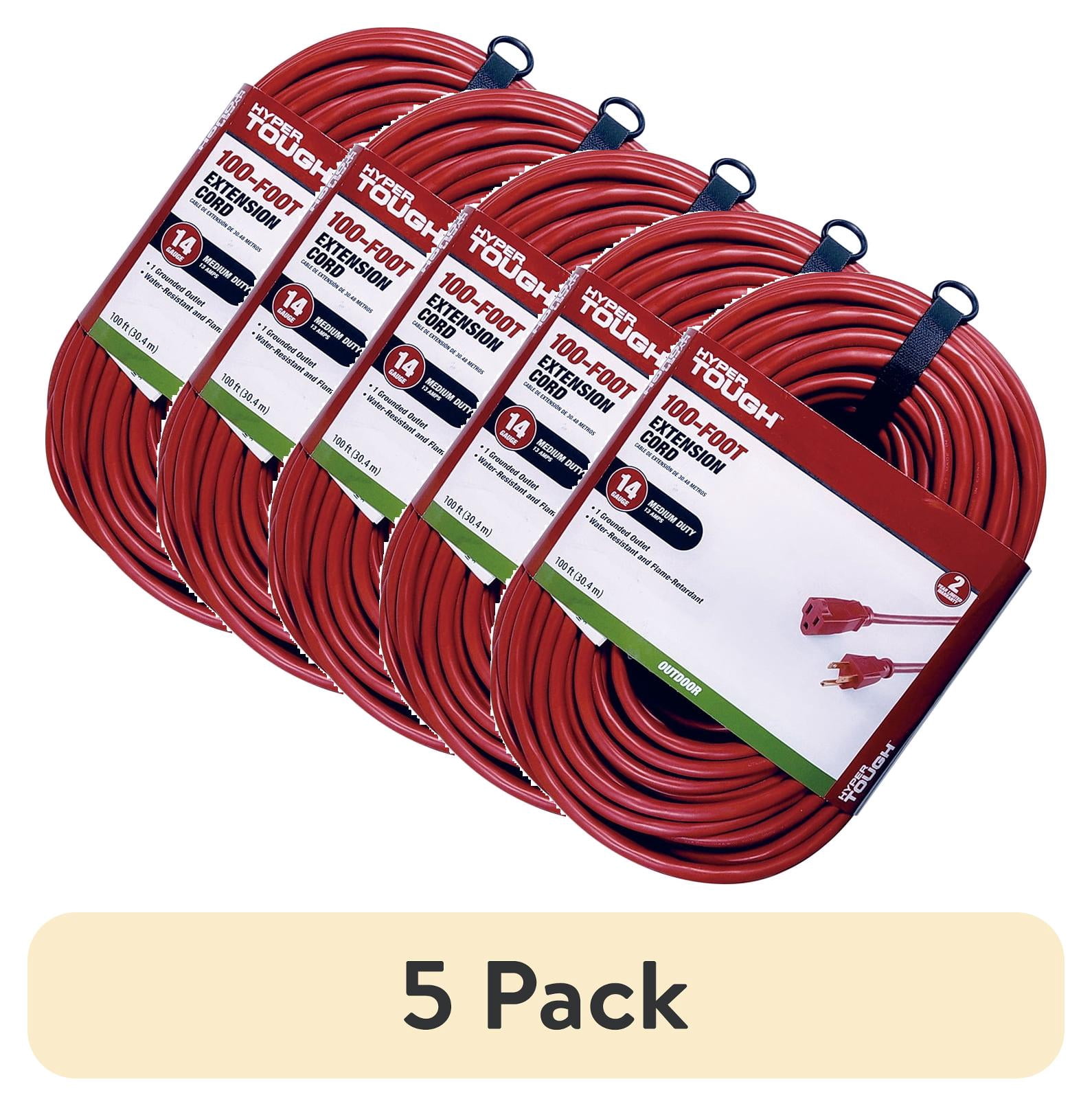 (5 pack) Hyper Tough 100FT 14AWG 3 Prong Red Extension Cord for Indoor and Outdoor Use, 13 Amps