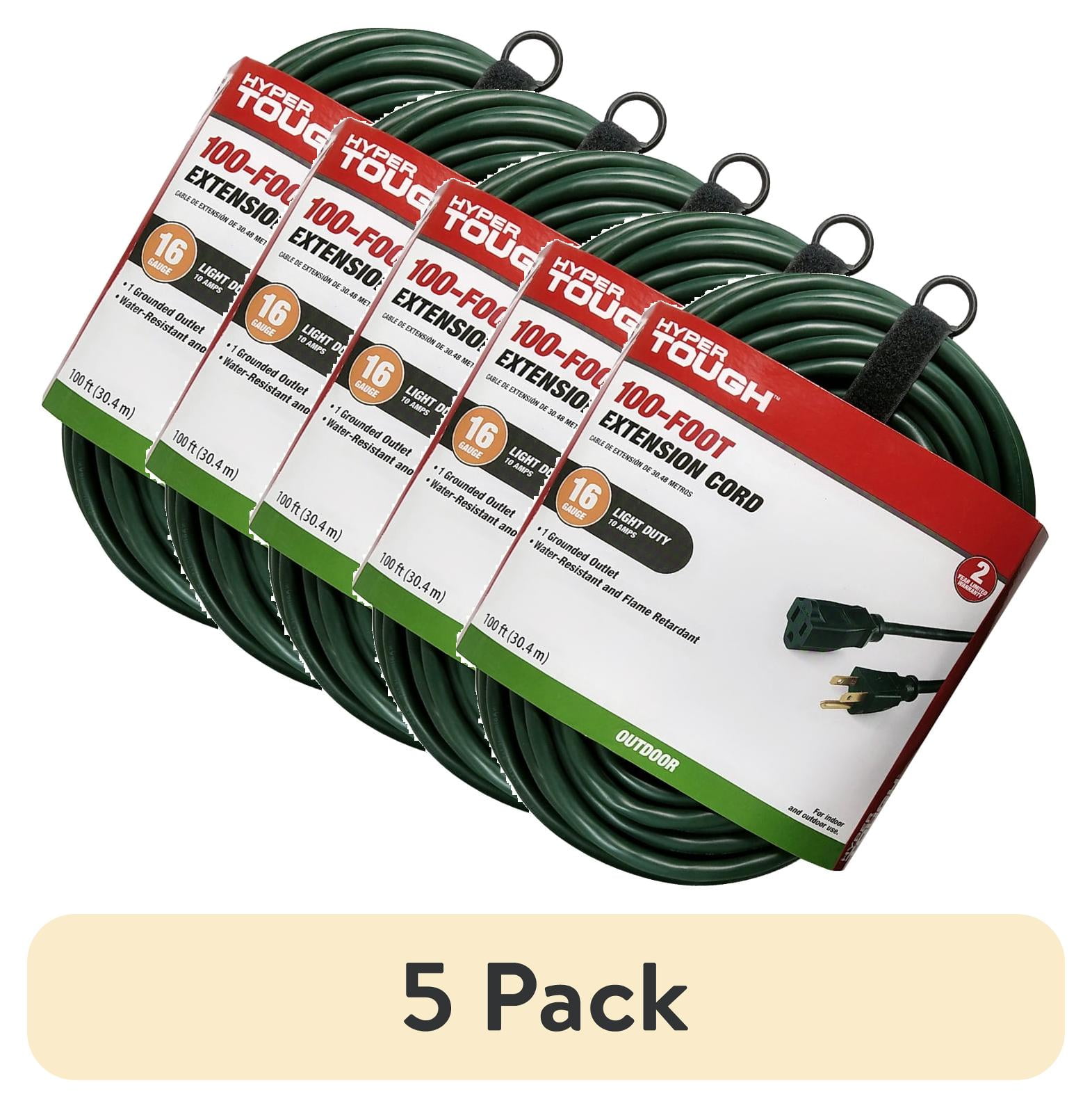 (5 pack) Hyper Tough 100FT 16AWG 3 Prong Green Outdoor Extension Cord, Single Outlet, 125V 10A