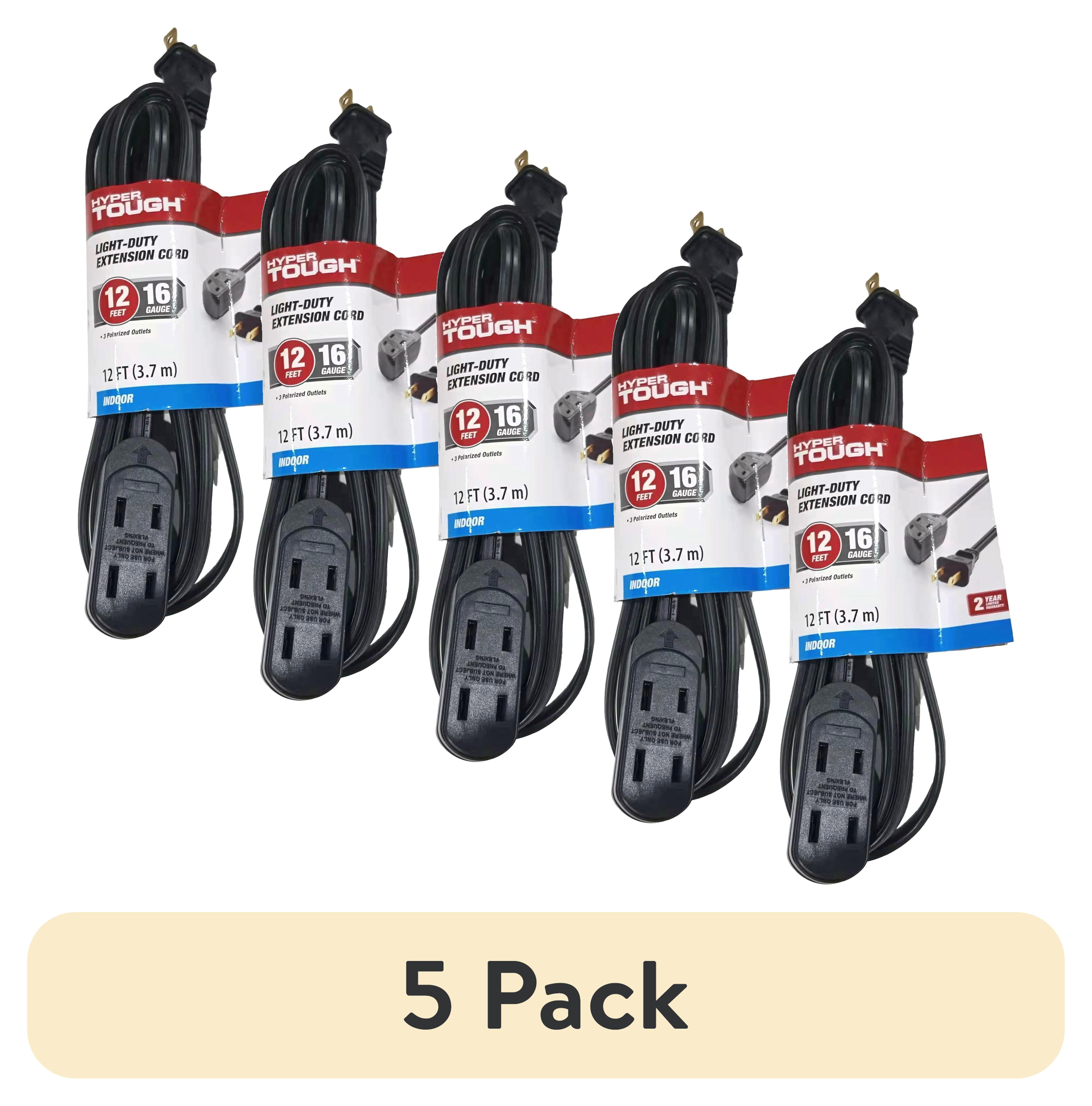 (5 pack) Hyper Tough 12 Ft 16 AWG 2-Prong Black Indoor Extension Cord, 125V 13A