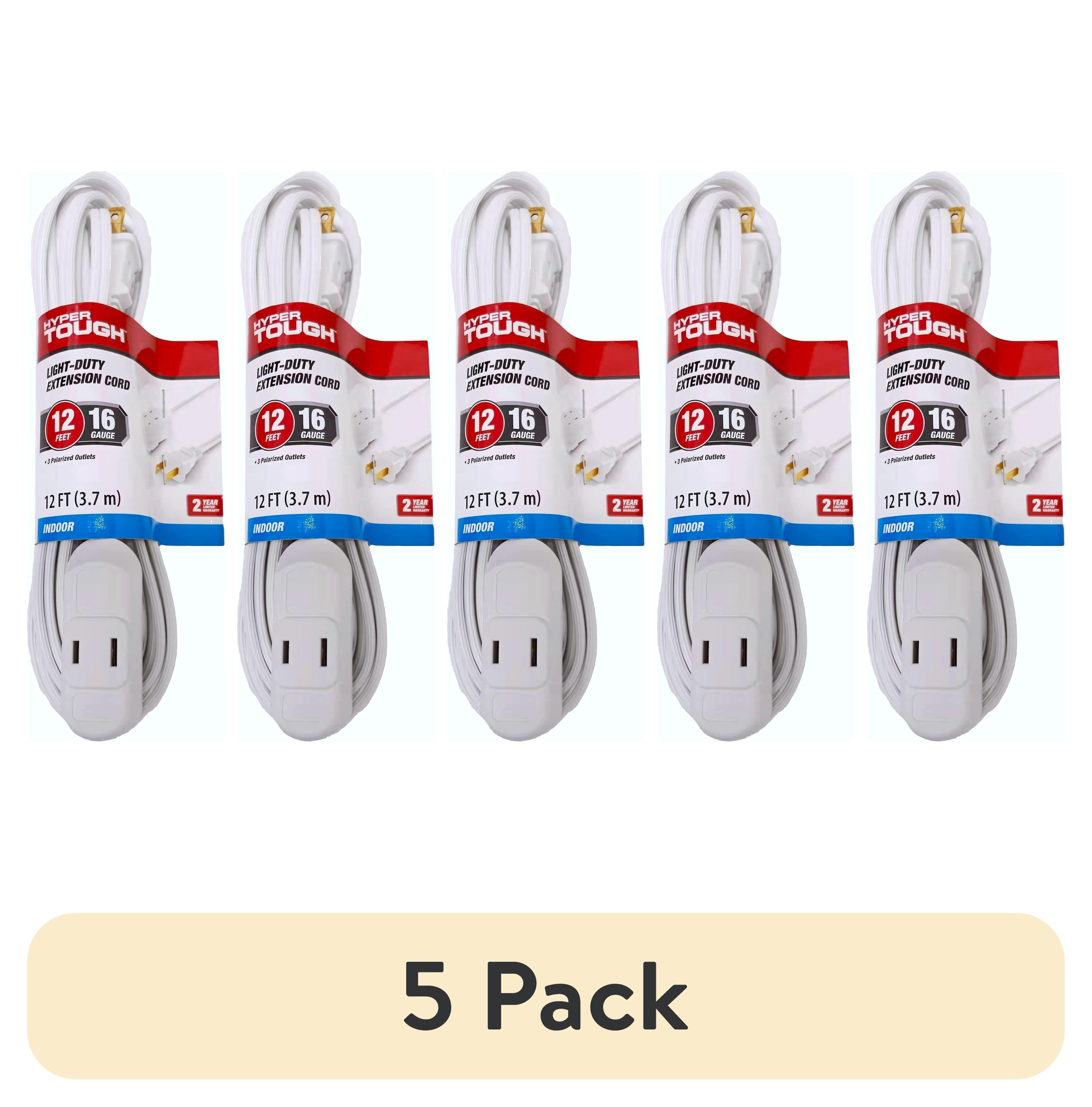 (5 pack) Hyper Tough 12 ft 16 AWG 3-Outlet 2-Prong Indoor Extension Cord, White, 125 V, 13 A