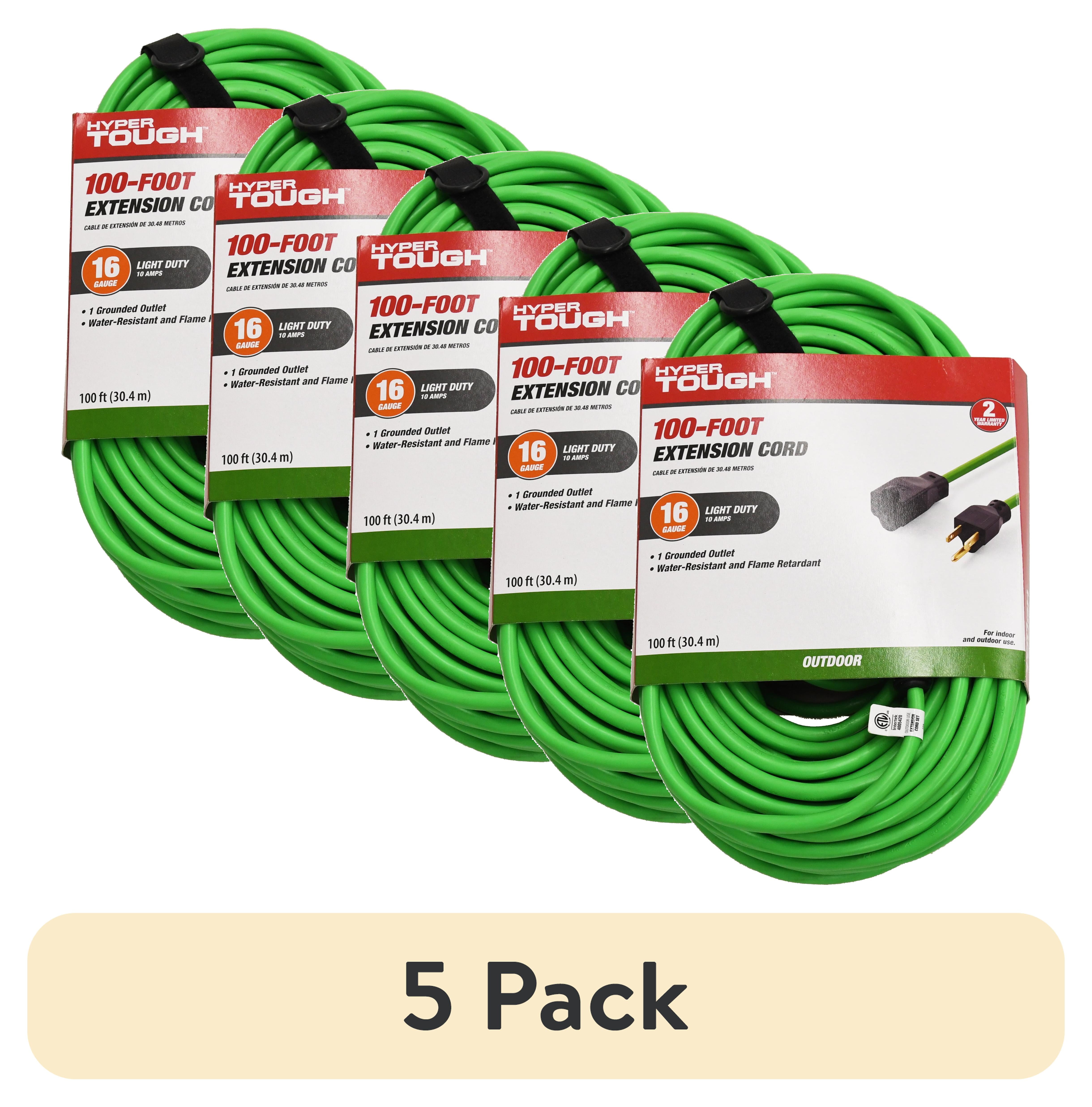 (5 pack) Hyper Tough 16AWGX3C 100ft Indoor and Outdoor Light Duty High Visibility Green Vinyl Extension Cord