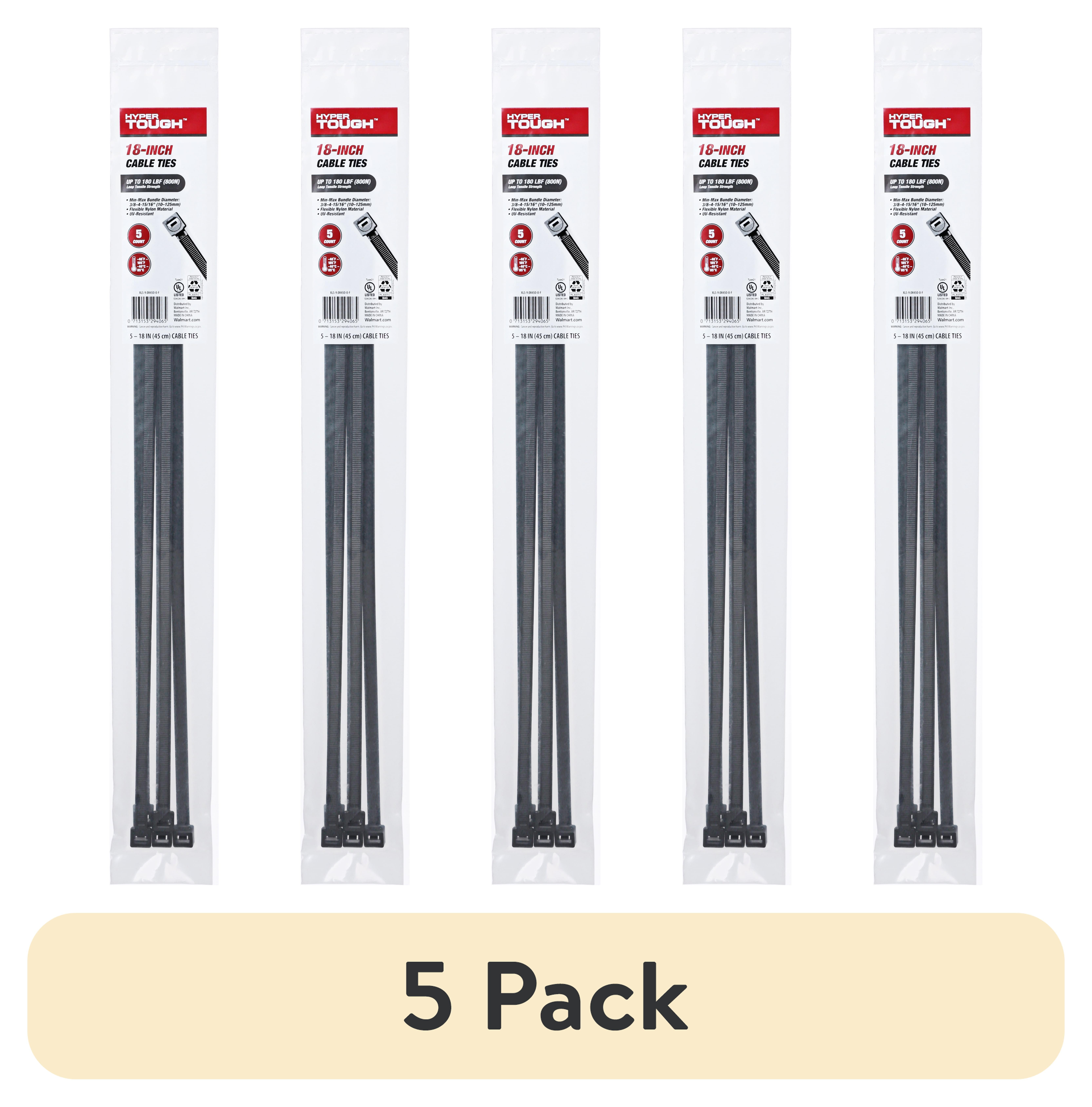 Hyper Tough 18 Inch Cable Tie Black 5Pcs, Flexible Nylon, 180 LBF