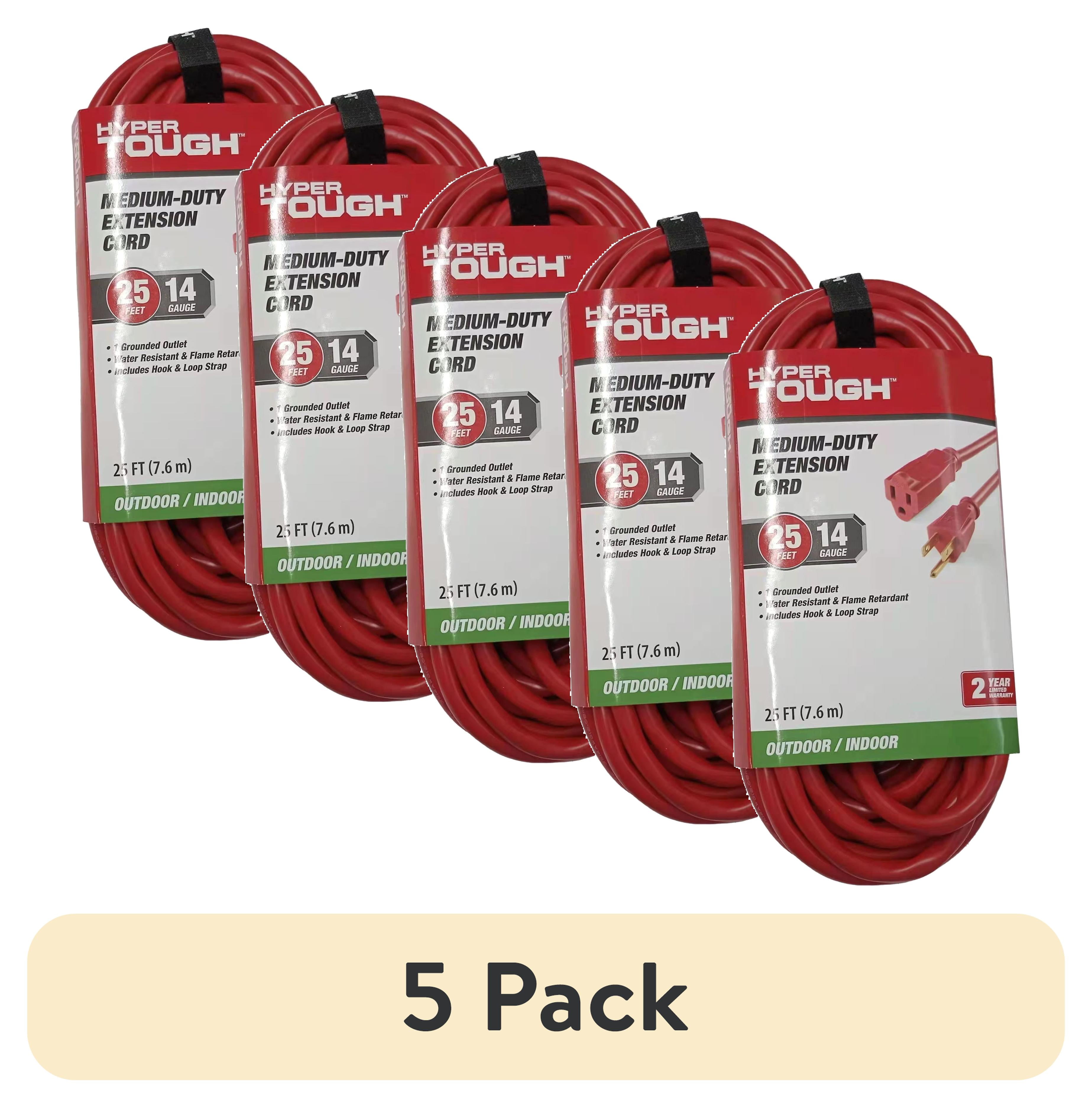 (5 pack) Hyper Tough 25FT 14AWG 3 Prong Red Extension Cord for Indoor and Outdoor Use, 15 Amps