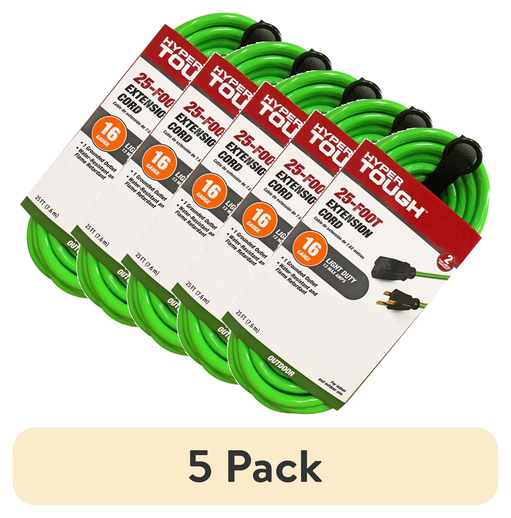 (5 pack) Hyper Tough 25FT 16AWG 3 Prong Hi-Vis Green Single Outlet ...