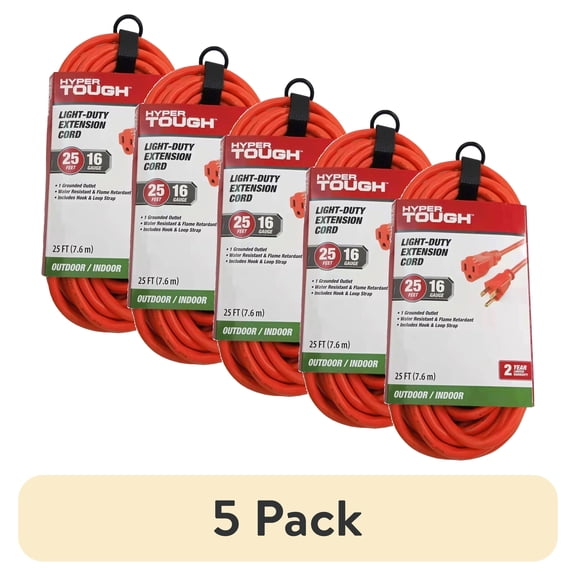 (5 pack) Hyper Tough 25FT 16AWG 3 Prong Orange Outdoor Extension Cord with Single Outlet, 125V, 13A