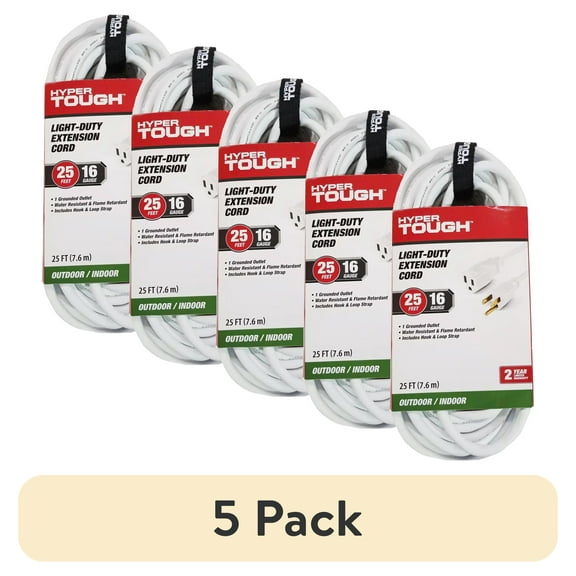 (5 pack) Hyper Tough 25FT 16AWG 3-Prong White Single Outlet Outdoor Extension Cord, 125V 13A