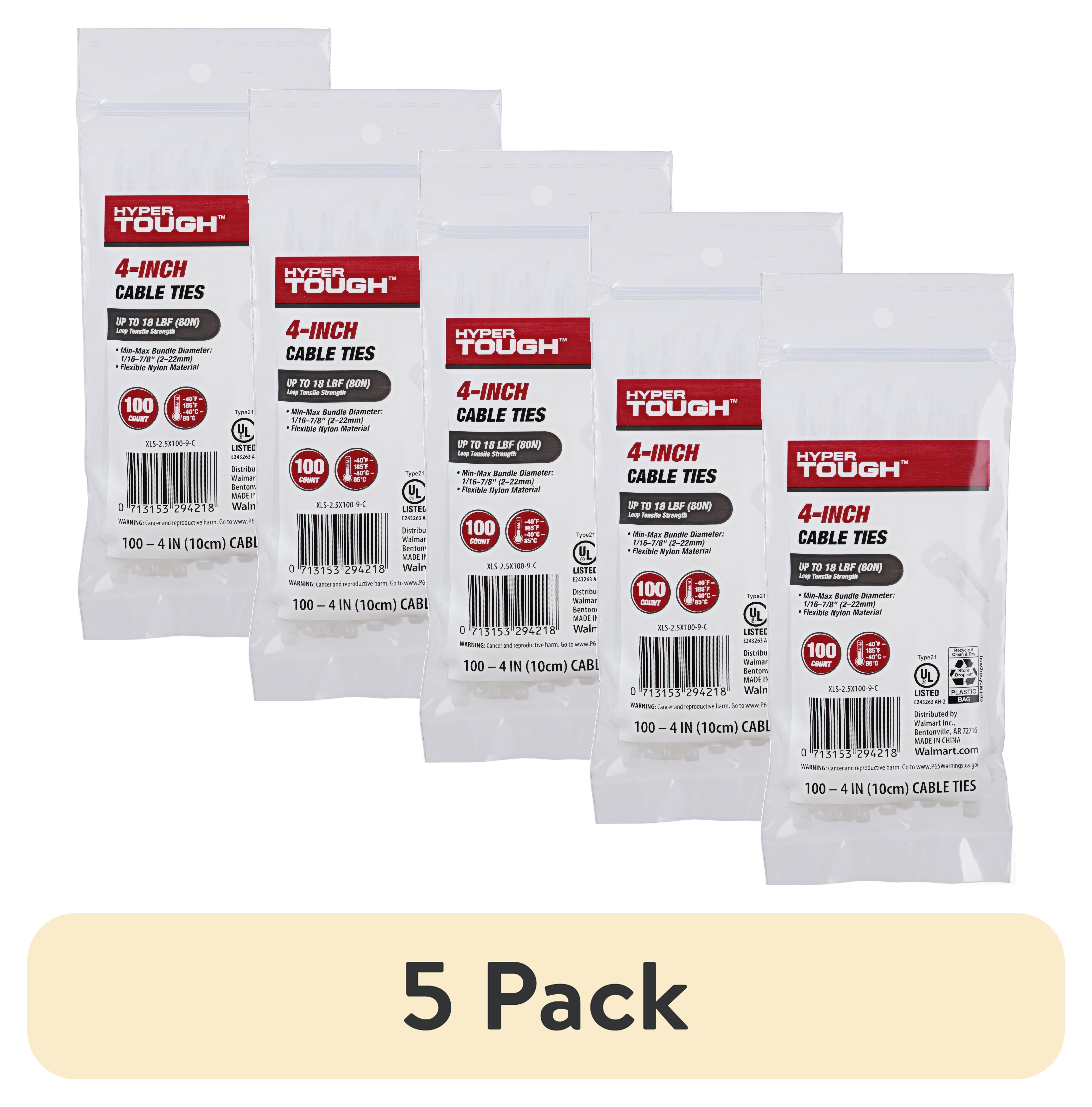 (5 pack) Hyper Tough Cable Ties, Natural, 4 in, 100 Pieces