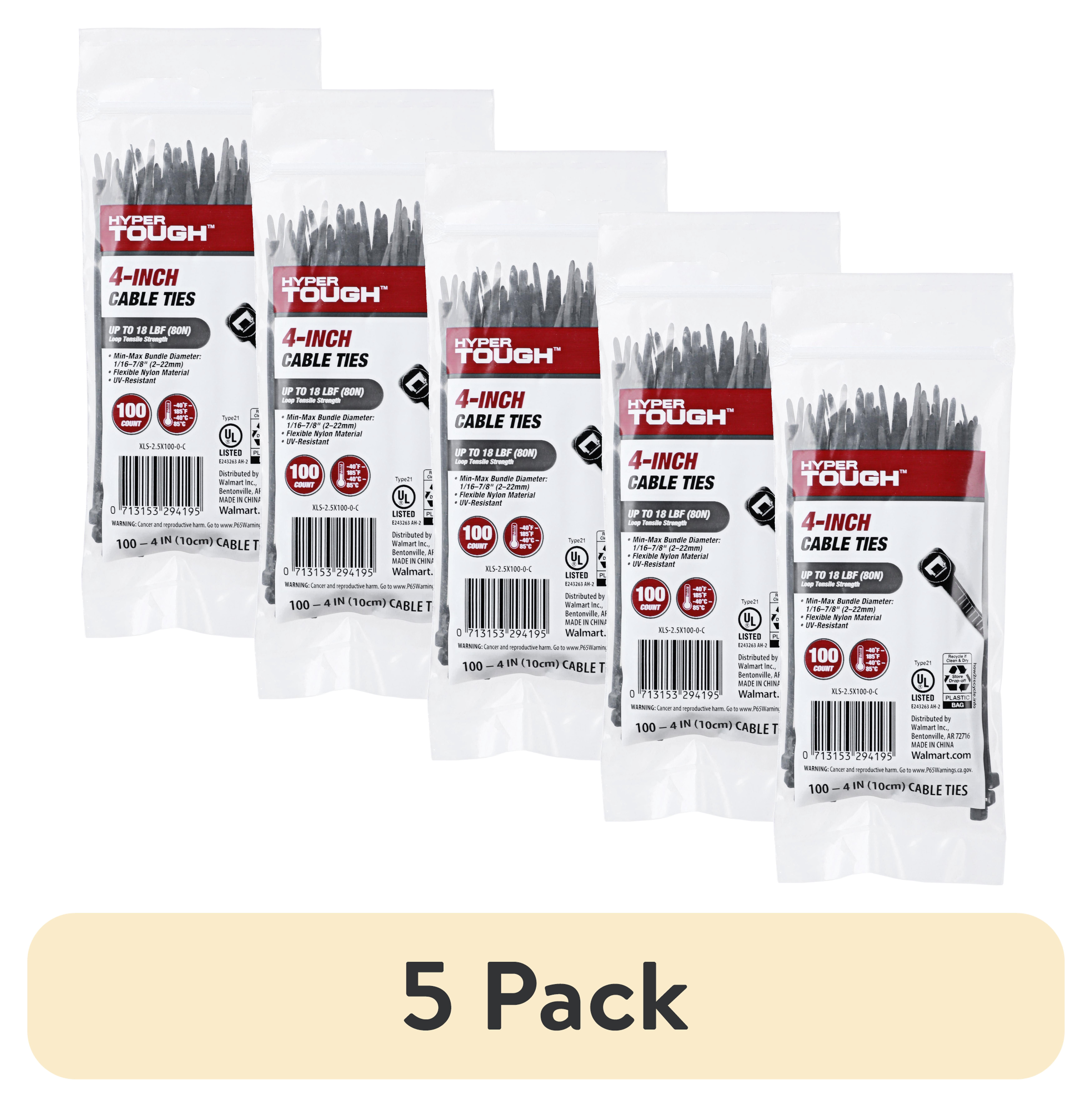 (5 pack) Hyper Tough 4inch Cable Tie Uv Black 100Pcs