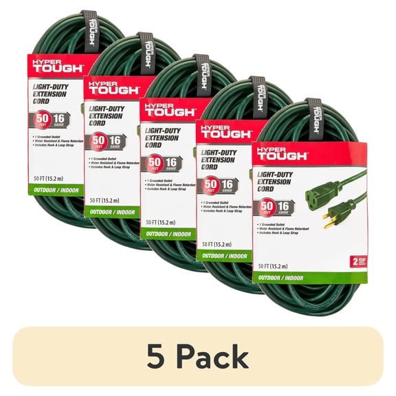 (5 pack) Hyper Tough 50 Ft 16AWG 3-Prong Green Single Outlet Outdoor Extension Cord, 13 Amps