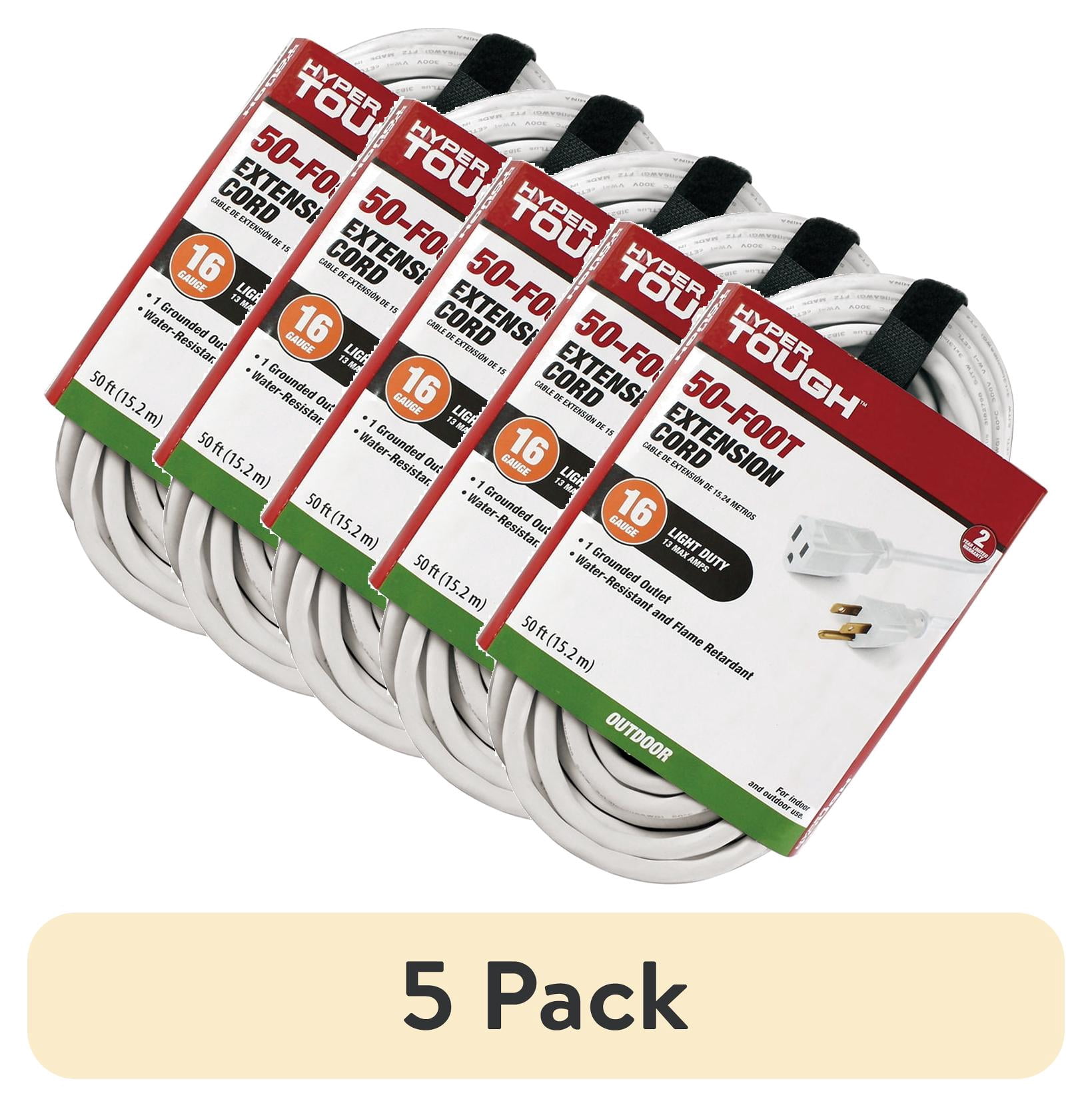 (5 pack) Hyper Tough 50FT 16AWG 3 Prong White Single Outlet Outdoor ...