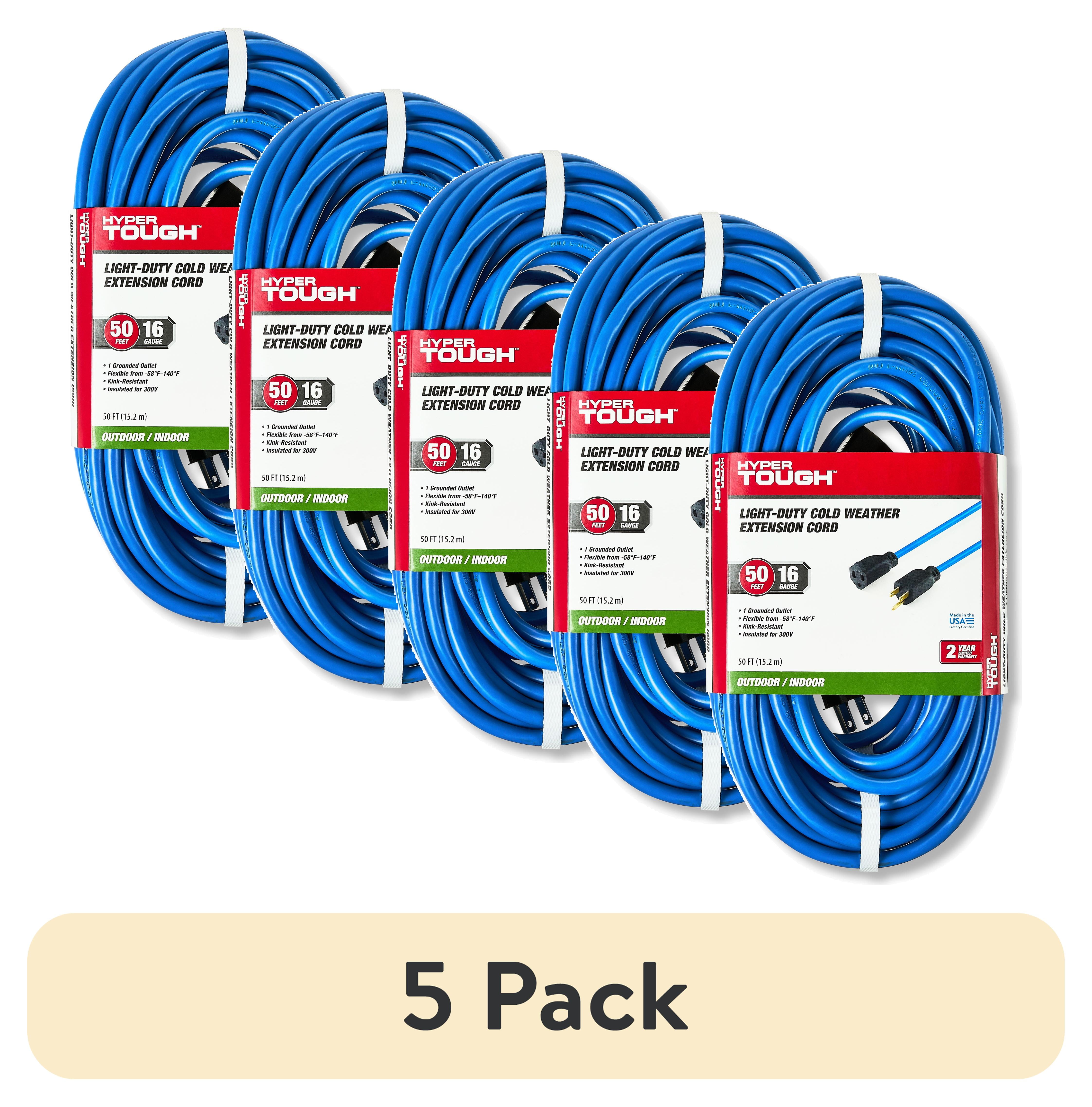(5 pack) Hyper Tough 50FT Indoor/ Outdoor Extension Cord, 16 AWG, Single Outlet Light-Duty Cold Weather Extension Cord, Blue