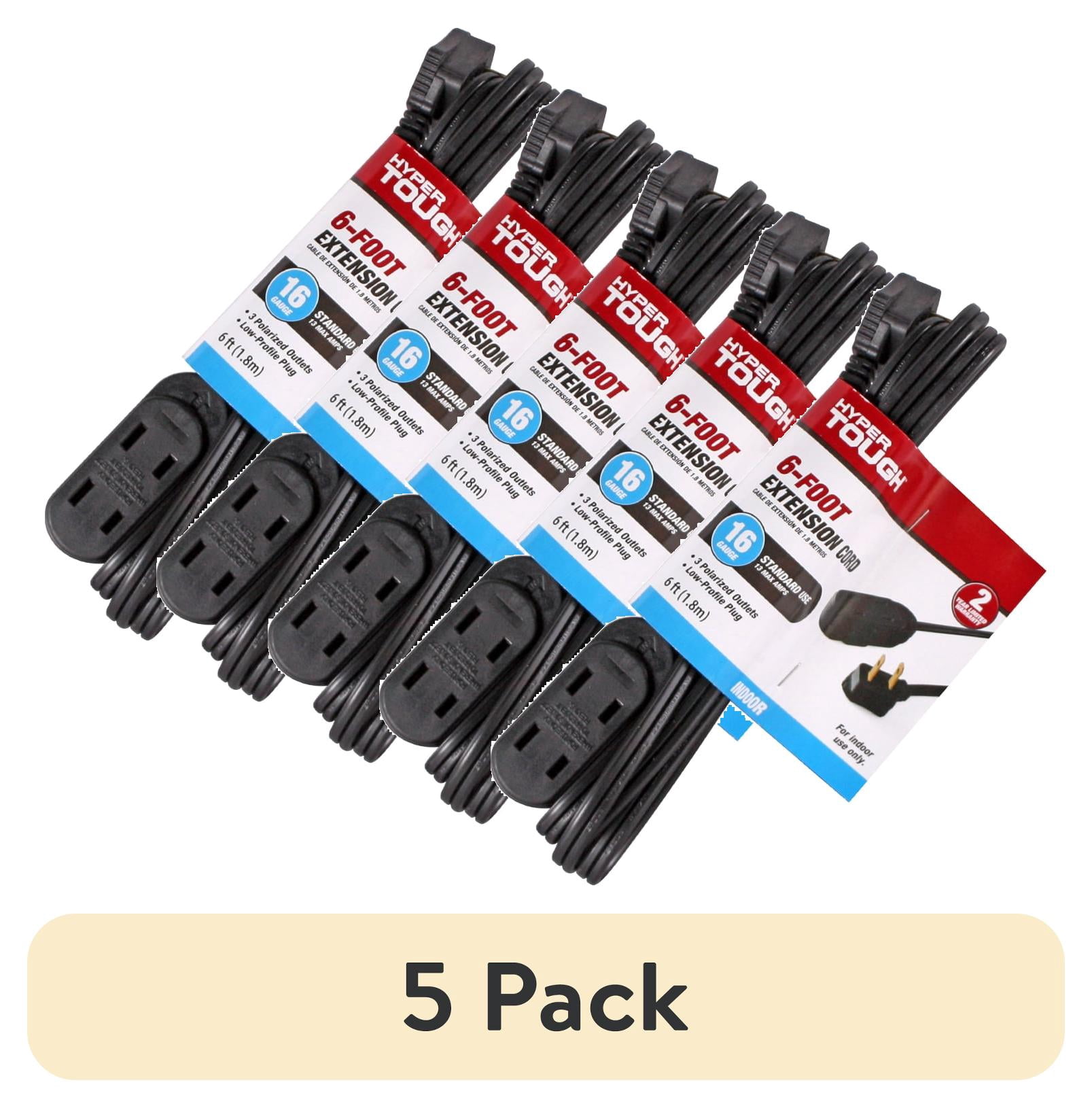 (5 pack) Hyper Tough 6 ft 16AWG 2-Prong Black Indoor Extension Cord, 125V, 13A