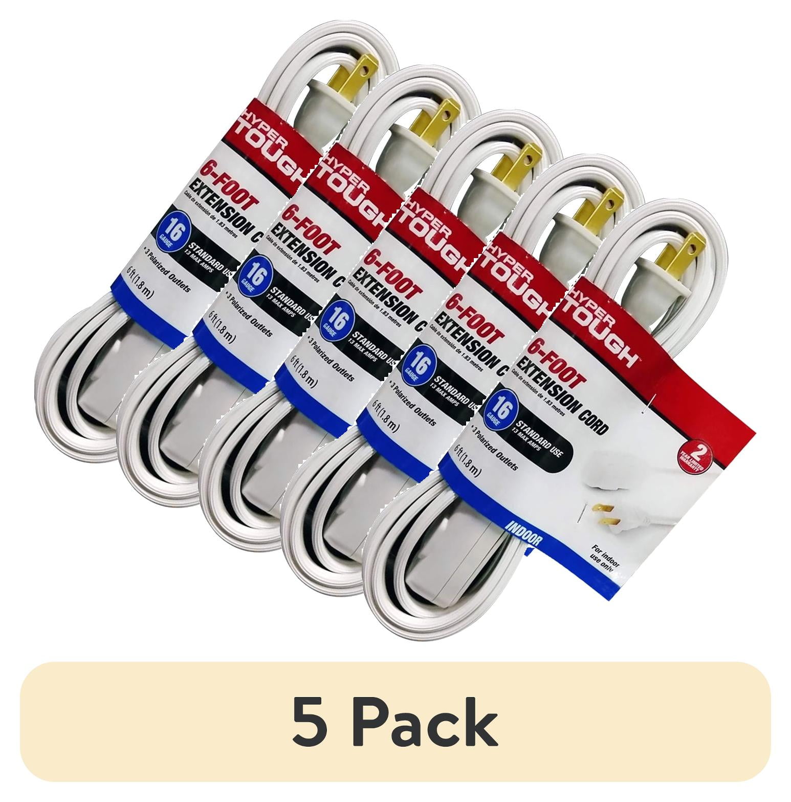 (5 pack) Hyper Tough 6FT 16AWG Indoor Household Extension Cord, 125V, 13A