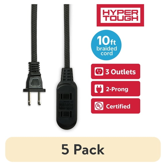 (5 pack) Hyper Tough Indoor Extension Cord 10 ft with 3 Outlets, 2 Prong, Braided Cord, Black