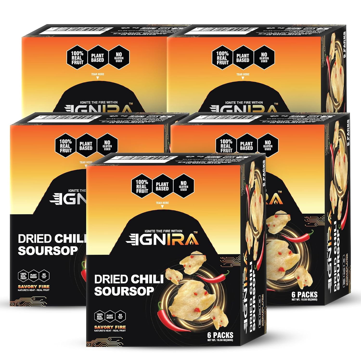 (5 pack) IGNIRA Dried Chili Soursop Fruit Snack, Vegan, Gluten-Free, Real Fruit Snack, Savory Fire energy Pack of 6 (10.56 oz)