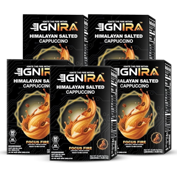 (5 pack) IGNIRA Himalayan Salted Cappuccino, Premium Instant  Coffees, Caf Taste with Unique Flavor, No Soybeans, Focus Fire Energy, 20 Sticks (12.69 oz)
