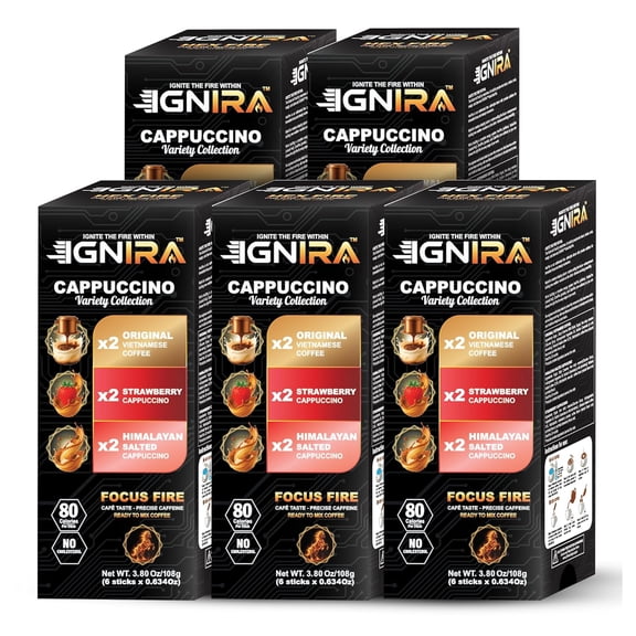 (5 pack) IGNIRA Premium Instant Coffee, Cappuccino Variety Pack, Strawberry, Original & Himalayan Salted Coffees, Caf Taste, No Soybeans, Focus Fire, 6 Sticks (3.81 oz)