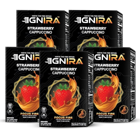 (5 pack) IGNIRA Strawberry Cappuccino- Premium Instant Robusta Coffee Packets, 20 Sticks ( Paper Box - 12.69 oz)