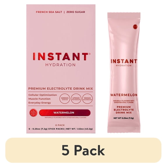 (5 pack) Instant Hydration,Watermelon, 6 Count, Premium Electrolyte Powder Drink Mix