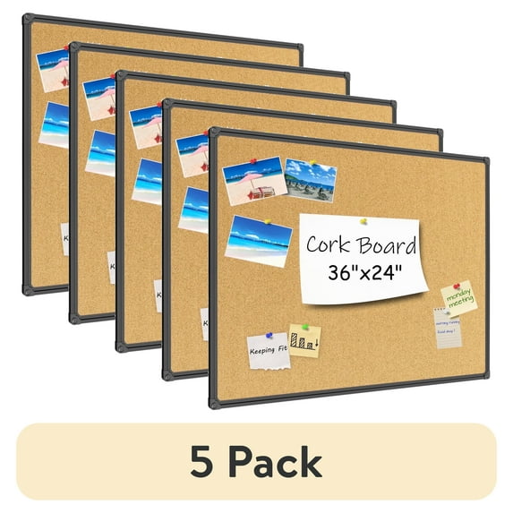 (5 pack) JILoffice Bulletin Board 24" x 36" Black Aluminum Frame Cork Board 3'x2' Thumb Tack Pin Board for Office