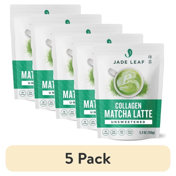(5 pack) Jade Leaf Matcha Latte, Unsweetened Grass Fed Collagen and Organic Matcha, Premium Barista Crafted Mix, 5.3 oz