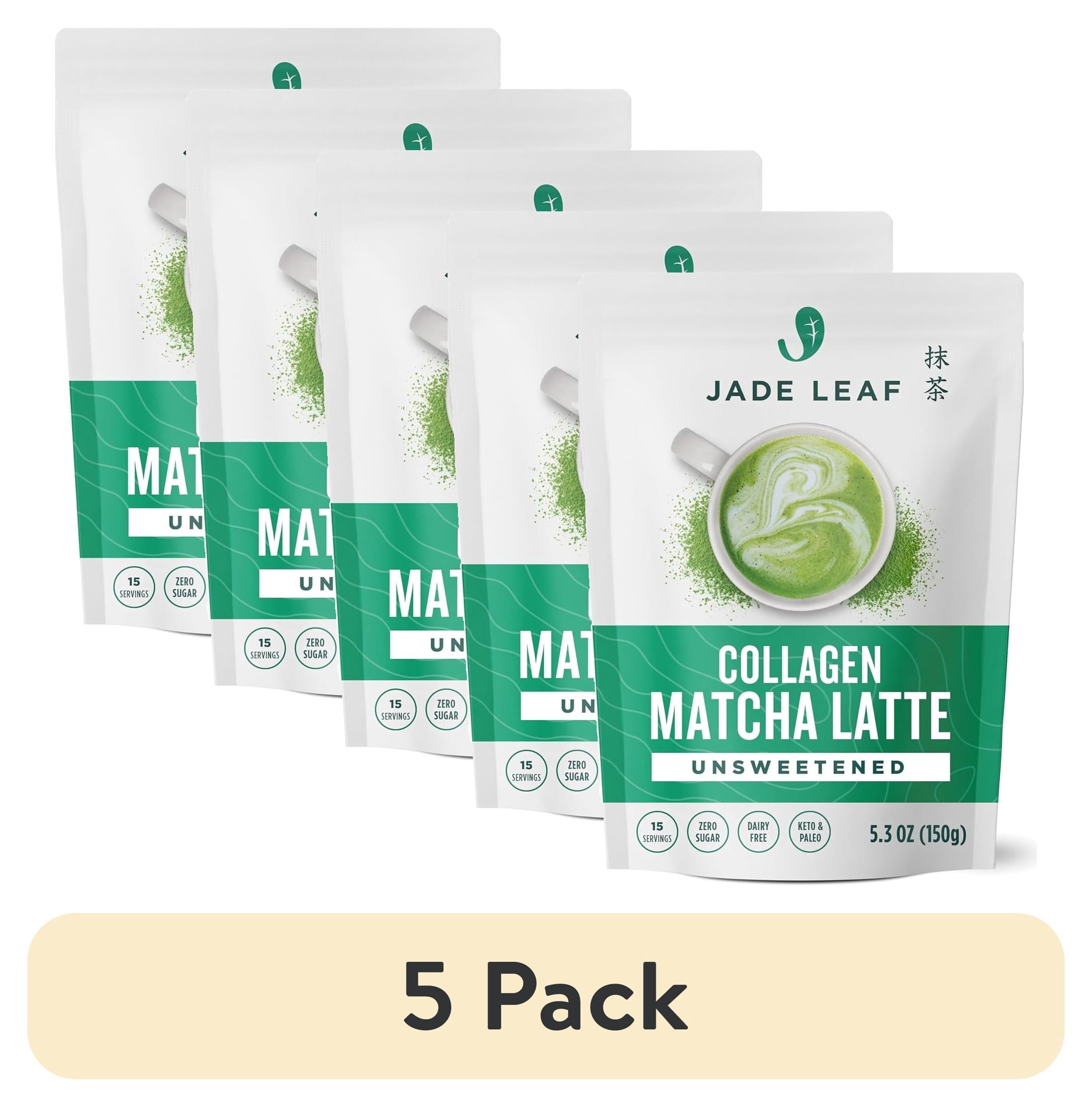 (5 pack) Jade Leaf Matcha Latte, Unsweetened Grass Fed Collagen and Organic Matcha, Premium Barista Crafted Mix, 5.3 oz
