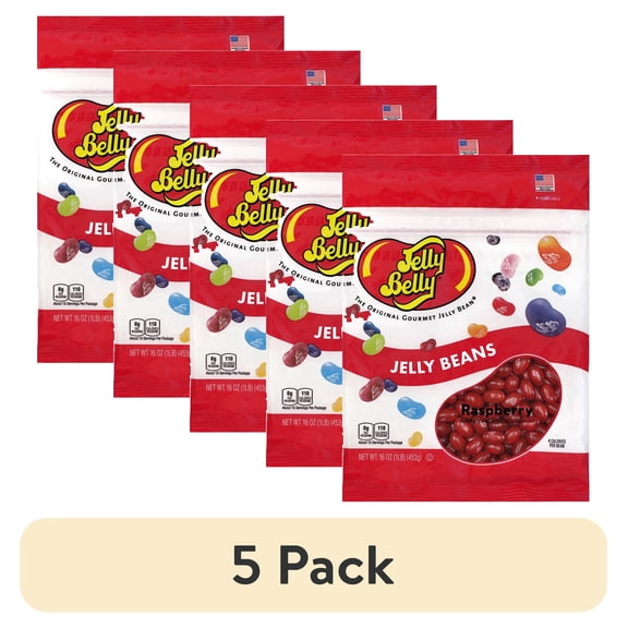 (5 pack) Jelly Belly Raspberry Jelly Beans - 1 Pound (16 Ounces), Raspberry Flavor Candy, Resealable Bag