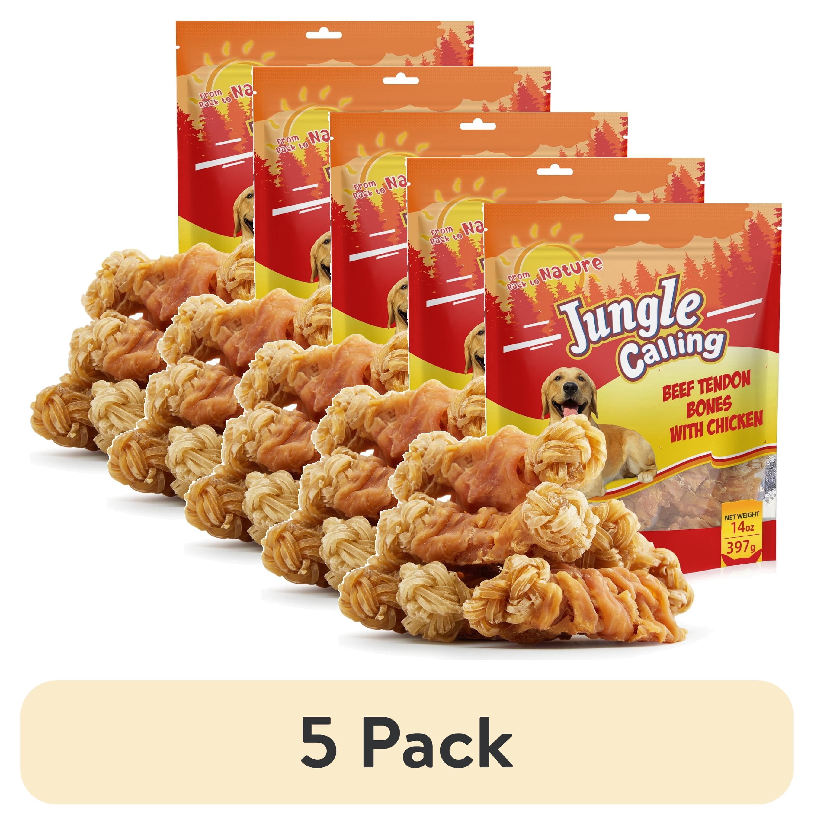 (5 pack) Jungle Calling Beef Tendons for Dogs, Chicken Wrapped Tendons Dog Chews Long Lasting Hip and Joint Supplement for Dogs with Glucosamine (Knotted Bone), 14 OZ